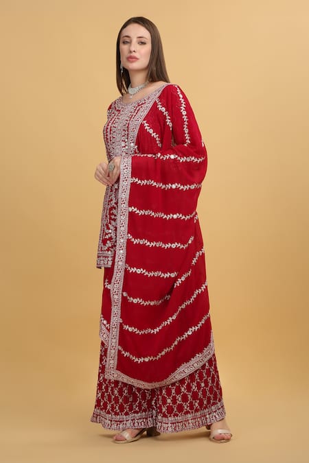 Aham-Vayam_Red Georgette, Silk Embroidery, Zari, Mirrors Kasbah Thread Kurta Sharara Set _at_Aza_Fashions