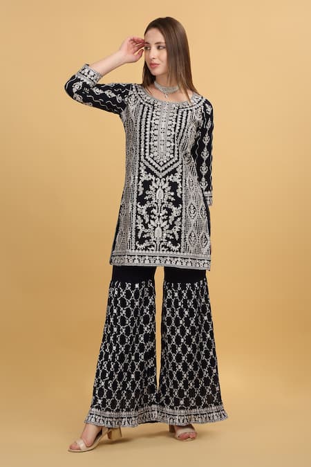 Buy_Aham-Vayam_Purple Georgette, Silk Embroidery, Zari, Mirrors Round Kasbah Kurta Sharara Set _Online_at_Aza_Fashions