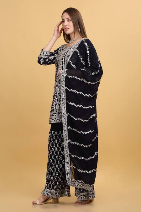 Aham-Vayam_Purple Georgette, Silk Embroidery, Zari, Mirrors Round Kasbah Kurta Sharara Set _at_Aza_Fashions