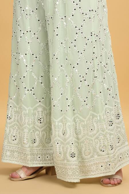 Aham-Vayam_Green Georgette, Silk Embroidery, Mirrors Round Neck Suhana Kurta Sharara Set_Online_at_Aza_Fashions