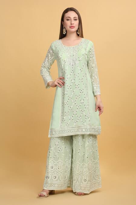 Buy_Aham-Vayam_Green Georgette, Silk Embroidery, Mirrors Round Neck Suhana Kurta Sharara Set_Online_at_Aza_Fashions