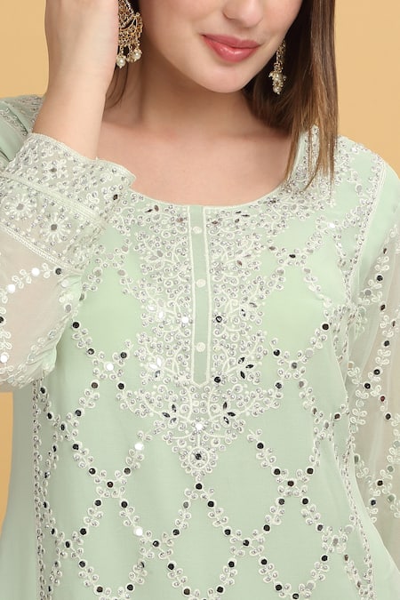 Shop_Aham-Vayam_Green Georgette, Silk Embroidery, Mirrors Round Neck Suhana Kurta Sharara Set_Online_at_Aza_Fashions