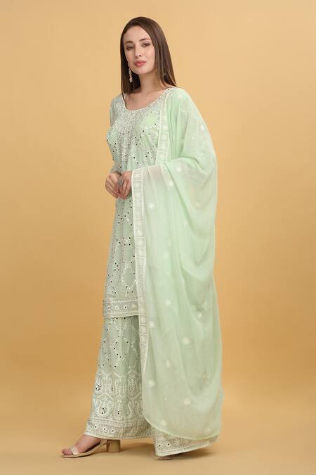 Aham-Vayam_Green Georgette, Silk Embroidery, Mirrors Round Neck Suhana Kurta Sharara Set_at_Aza_Fashions