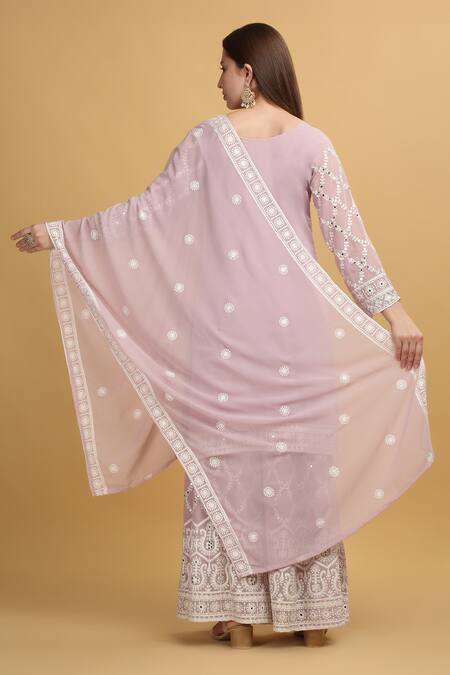 Shop Aham-Vayam Pink Georgette, Silk Mirrors, Embroidery Suhana Checkered Kurta Sharara Set at Aza Fashions Shop_Aham-Vayam_Pink Georgette, Silk Mirrors, Embroidery Suhana Checkered Kurta Sharara Set_at_Aza_Fashions