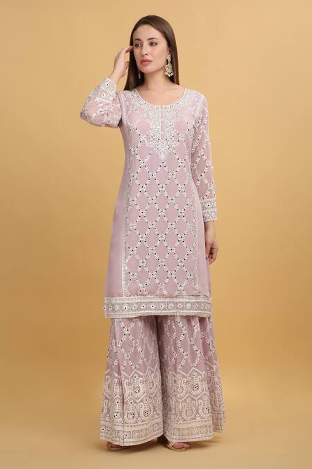 Buy Aham-Vayam Pink Georgette, Silk Mirrors, Embroidery Suhana Checkered Kurta Sharara Set Online at Aza Fashions Buy_Aham-Vayam_Pink Georgette, Silk Mirrors, Embroidery Suhana Checkered Kurta Sharara Set_Online_at_Aza_Fashions
