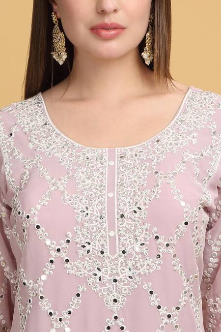 Shop Aham-Vayam Pink Georgette, Silk Mirrors, Embroidery Suhana Checkered Kurta Sharara Set Online at Aza Fashions Shop_Aham-Vayam_Pink Georgette, Silk Mirrors, Embroidery Suhana Checkered Kurta Sharara Set_Online_at_Aza_Fashions