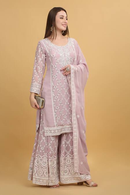 Aham-Vayam Pink Georgette, Silk Mirrors, Embroidery Suhana Checkered Kurta Sharara Set at Aza Fashions Aham-Vayam_Pink Georgette, Silk Mirrors, Embroidery Suhana Checkered Kurta Sharara Set_at_Aza_Fashions
