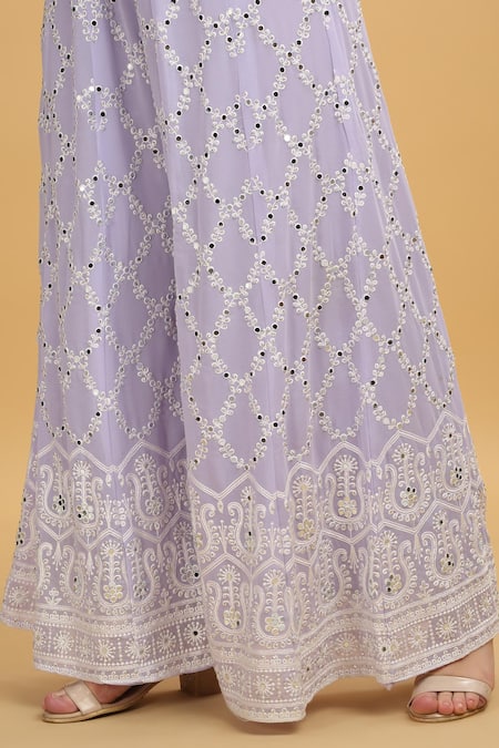 Aham-Vayam_Purple Georgette, Silk Mirrors, Embroidery Round Suhana Work Kurta Sharara Set _Online_at_Aza_Fashions