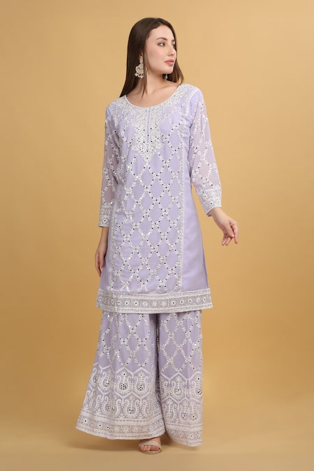 Buy_Aham-Vayam_Purple Georgette, Silk Mirrors, Embroidery Round Suhana Work Kurta Sharara Set _Online_at_Aza_Fashions