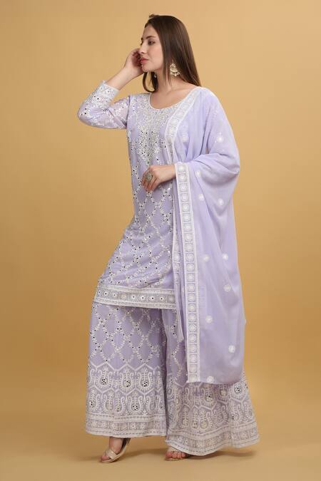 Aham-Vayam_Purple Georgette, Silk Mirrors, Embroidery Round Suhana Work Kurta Sharara Set _at_Aza_Fashions