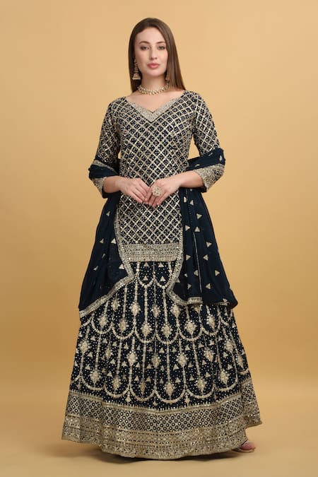 Aham-Vayam Saloni Checkered Embroidered Kurta Lehenga Set 