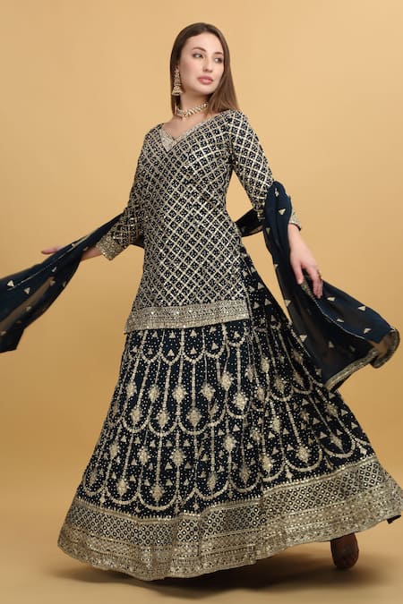 Aham-Vayam_Green Georgette, Silk Embroidery, Zari, Saloni Checkered Kurta Lehenga Set _at_Aza_Fashions