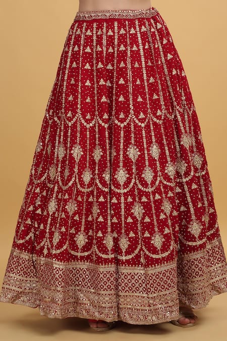 Aham-Vayam_Red Georgette, Silk Sequins, Zari V-neck Saloni Embroidered Kurta Lehenga Set _Online_at_Aza_Fashions