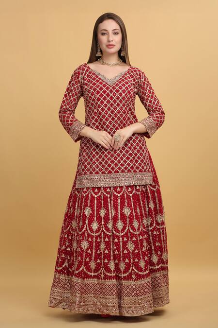 Buy_Aham-Vayam_Red Georgette, Silk Sequins, Zari V-neck Saloni Embroidered Kurta Lehenga Set _Online_at_Aza_Fashions
