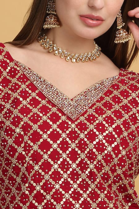 Shop_Aham-Vayam_Red Georgette, Silk Sequins, Zari V-neck Saloni Embroidered Kurta Lehenga Set _Online_at_Aza_Fashions