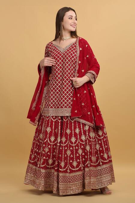 Aham-Vayam_Red Georgette, Silk Sequins, Zari V-neck Saloni Embroidered Kurta Lehenga Set _at_Aza_Fashions