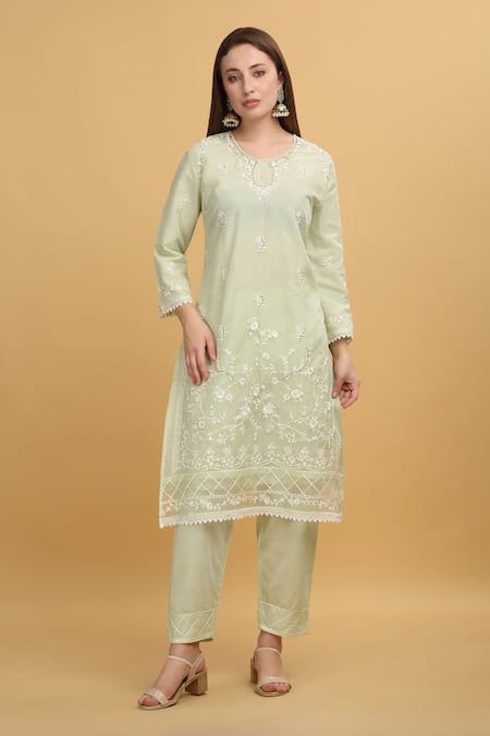 Aham-Vayam_Green Georgette, Silk Embroidery Round Neck Mayuri Thread Work Kurta Set _Online_at_Aza_Fashions