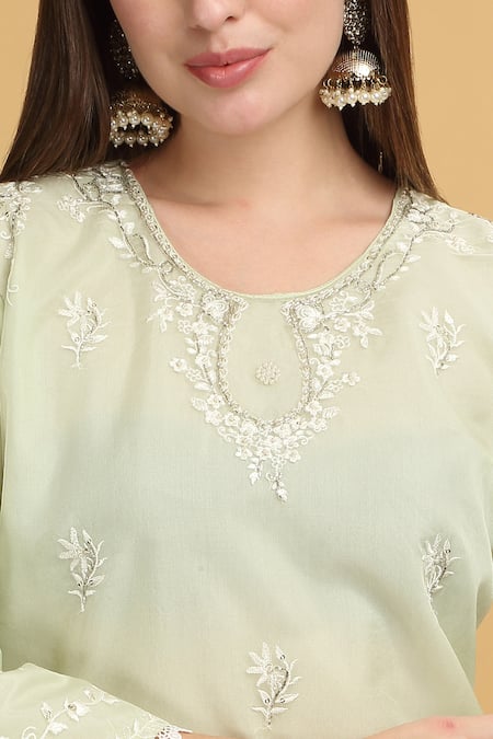 Buy_Aham-Vayam_Green Georgette, Silk Embroidery Round Neck Mayuri Thread Work Kurta Set _Online_at_Aza_Fashions