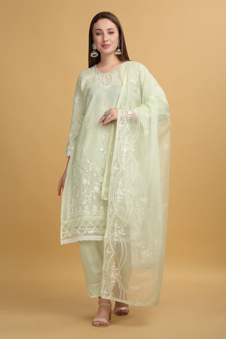 Shop_Aham-Vayam_Green Georgette, Silk Embroidery Round Neck Mayuri Thread Work Kurta Set _Online_at_Aza_Fashions