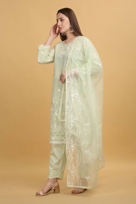Aham-Vayam_Green Georgette, Silk Embroidery Round Neck Mayuri Thread Work Kurta Set _at_Aza_Fashions