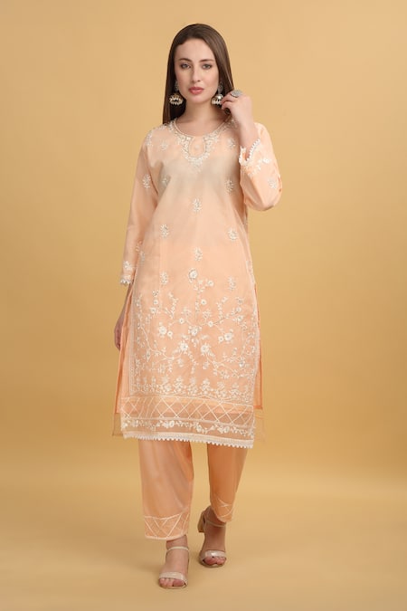 Aham-Vayam_Coral Georgette, Silk Embroidery Round Neck Mayuri Thread Work Kurta Pant Set _Online_at_Aza_Fashions