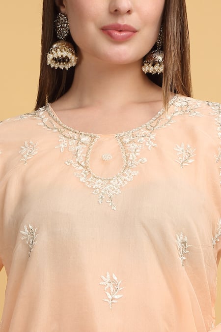 Buy_Aham-Vayam_Coral Georgette, Silk Embroidery Round Neck Mayuri Thread Work Kurta Pant Set _Online_at_Aza_Fashions