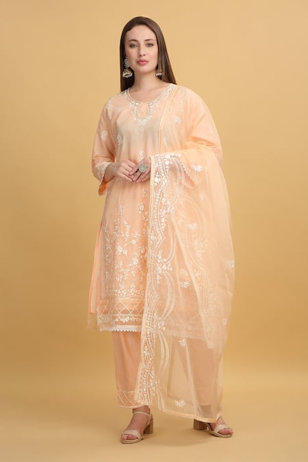 Shop_Aham-Vayam_Coral Georgette, Silk Embroidery Round Neck Mayuri Thread Work Kurta Pant Set _Online_at_Aza_Fashions