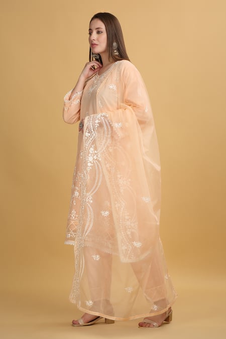 Aham-Vayam_Coral Georgette, Silk Embroidery Round Neck Mayuri Thread Work Kurta Pant Set _at_Aza_Fashions