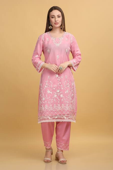 Aham-Vayam_Pink Georgette, Silk Embroidery Round Neck Mayuri Thread Kurta Set _Online_at_Aza_Fashions