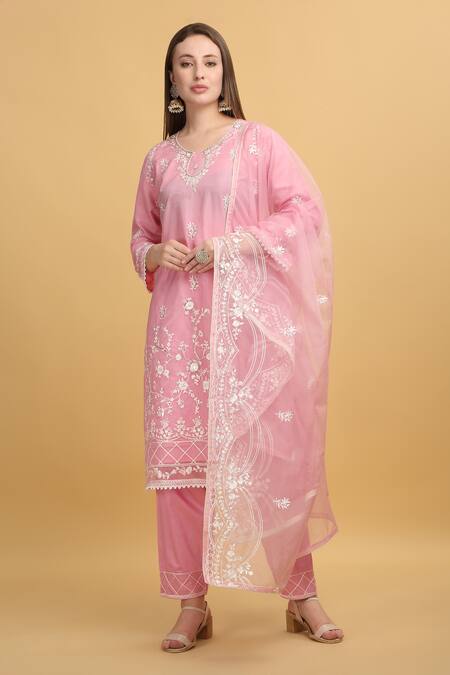 Shop_Aham-Vayam_Pink Georgette, Silk Embroidery Round Neck Mayuri Thread Kurta Set _Online_at_Aza_Fashions