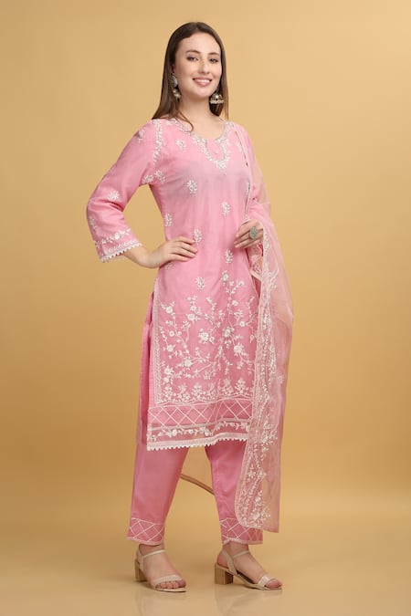 Aham-Vayam_Pink Georgette, Silk Embroidery Round Neck Mayuri Thread Kurta Set _at_Aza_Fashions