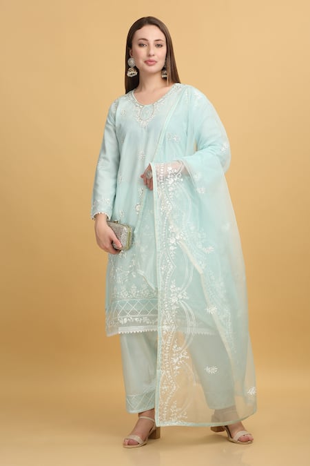 Aham-Vayam Blue Georgette Embroidery Thread Round Mayuri Kurta Pant Set 