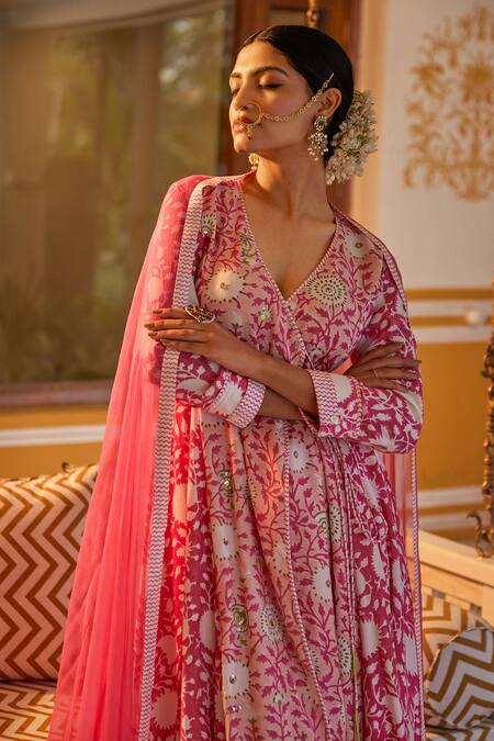 Kapraaaha Pink Muslin Embroidery, Tassels V-neck Floral Hand Block Print Anarkali Set at Aza Fashions Kapraaaha_Pink Muslin Embroidery, Tassels V-neck Floral Hand Block Print Anarkali Set_at_Aza_Fashions
