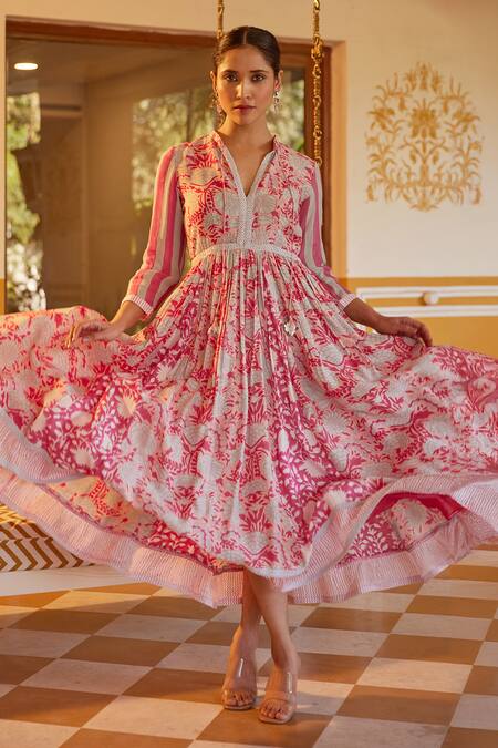 Shop_Kapraaaha_Pink Muslin Lace V-neck Floral Hand Block Print Dress _Online_at_Aza_Fashions