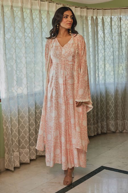 Buy_Kapraaaha_Peach Muslin V-, Open Floral Hand Block Print Dress With Jacket _Online_at_Aza_Fashions