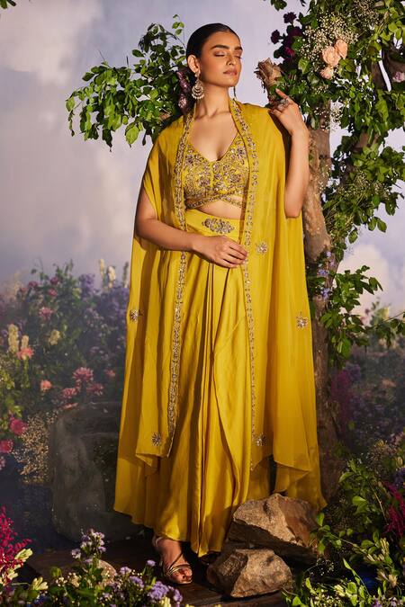 Buy Miku Kumar Yellow Modal, Kalika Zardozi Embroidered Floral Asymmetric Cape Draped Skirt Set Online at Aza Fashions Buy_Miku Kumar_Yellow Modal, Kalika Zardozi Embroidered Floral Asymmetric Cape Draped Skirt Set _Online_at_Aza_Fashions