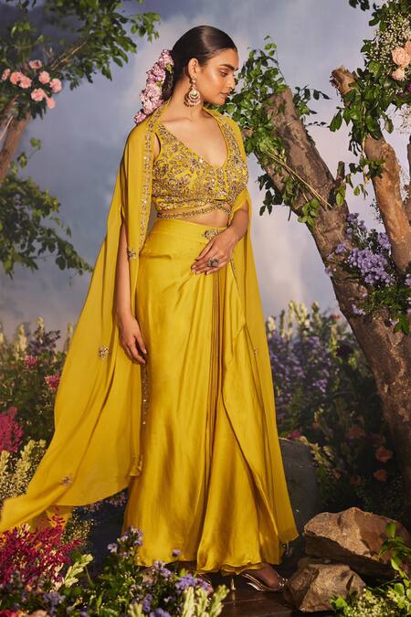 Shop Miku Kumar Yellow Modal, Kalika Zardozi Embroidered Floral Asymmetric Cape Draped Skirt Set Online at Aza Fashions Shop_Miku Kumar_Yellow Modal, Kalika Zardozi Embroidered Floral Asymmetric Cape Draped Skirt Set _Online_at_Aza_Fashions