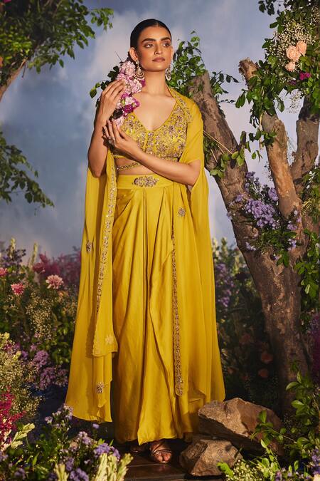 Buy Miku Kumar Yellow Modal, Kalika Zardozi Embroidered Floral Asymmetric Cape Draped Skirt Set Buy_Miku Kumar_Yellow Modal, Kalika Zardozi Embroidered Floral Asymmetric Cape Draped Skirt Set