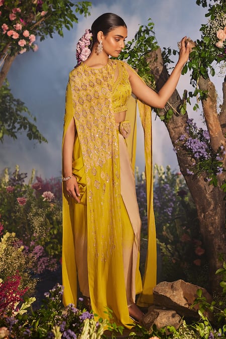 Shop Miku Kumar Yellow Satin, Georgette Azra Geometric Embroidered Cut-out Cape Dhoti Skirt Set at Aza Fashions Shop_Miku Kumar_Yellow Satin, Georgette Azra Geometric Embroidered Cut-out Cape Dhoti Skirt Set _at_Aza_Fashions