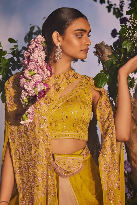 Miku Kumar Yellow Satin, Georgette Azra Geometric Embroidered Cut-out Cape Dhoti Skirt Set Online at Aza Fashions Miku Kumar_Yellow Satin, Georgette Azra Geometric Embroidered Cut-out Cape Dhoti Skirt Set _Online_at_Aza_Fashions