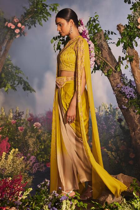 Shop Miku Kumar Yellow Satin, Georgette Azra Geometric Embroidered Cut-out Cape Dhoti Skirt Set Online at Aza Fashions Shop_Miku Kumar_Yellow Satin, Georgette Azra Geometric Embroidered Cut-out Cape Dhoti Skirt Set _Online_at_Aza_Fashions