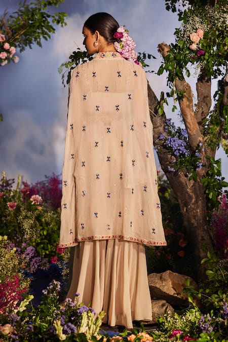 Shop_Miku Kumar_Ivory Georgette Cut Work, Sequins, Mayuri Geometric Cut-out Cape Gharara Set _at_Aza_Fashions
