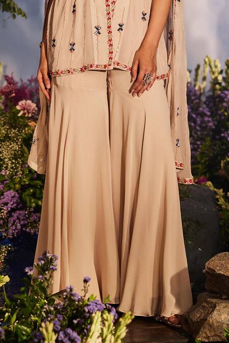 Miku Kumar_Ivory Georgette Cut Work, Sequins, Mayuri Geometric Cut-out Cape Gharara Set _Online_at_Aza_Fashions