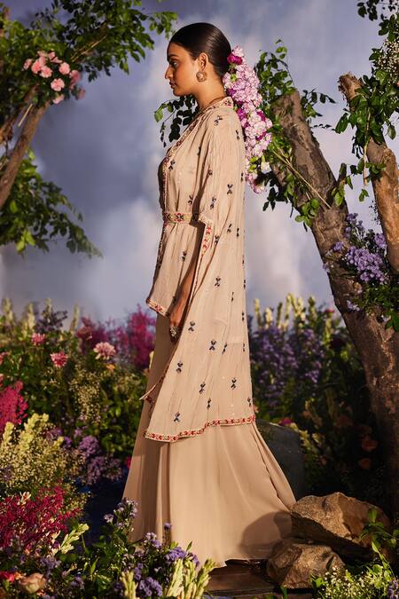 Buy_Miku Kumar_Ivory Georgette Cut Work, Sequins, Mayuri Geometric Cut-out Cape Gharara Set _Online_at_Aza_Fashions