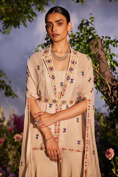Shop_Miku Kumar_Ivory Georgette Cut Work, Sequins, Mayuri Geometric Cut-out Cape Gharara Set _Online_at_Aza_Fashions
