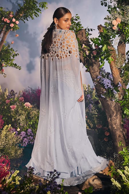Shop Miku Kumar Blue Satin, Organza, Georgette Pearls, Shalvi Double Layer Lehenga Cape Set at Aza Fashions Shop_Miku Kumar_Blue Satin, Organza, Georgette Pearls, Shalvi Double Layer Lehenga Cape Set _at_Aza_Fashions