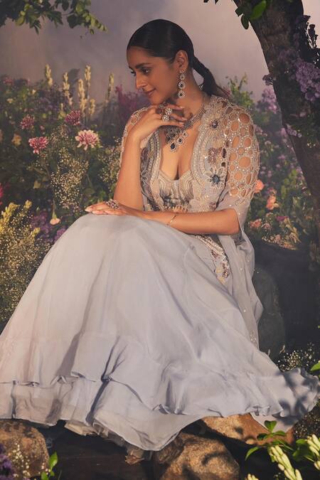 Miku Kumar Blue Satin, Organza, Georgette Pearls, Shalvi Double Layer Lehenga Cape Set Online at Aza Fashions Miku Kumar_Blue Satin, Organza, Georgette Pearls, Shalvi Double Layer Lehenga Cape Set _Online_at_Aza_Fashions