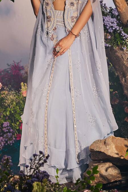 Buy Miku Kumar Blue Satin, Organza, Georgette Pearls, Shalvi Double Layer Lehenga Cape Set Online at Aza Fashions Buy_Miku Kumar_Blue Satin, Organza, Georgette Pearls, Shalvi Double Layer Lehenga Cape Set _Online_at_Aza_Fashions