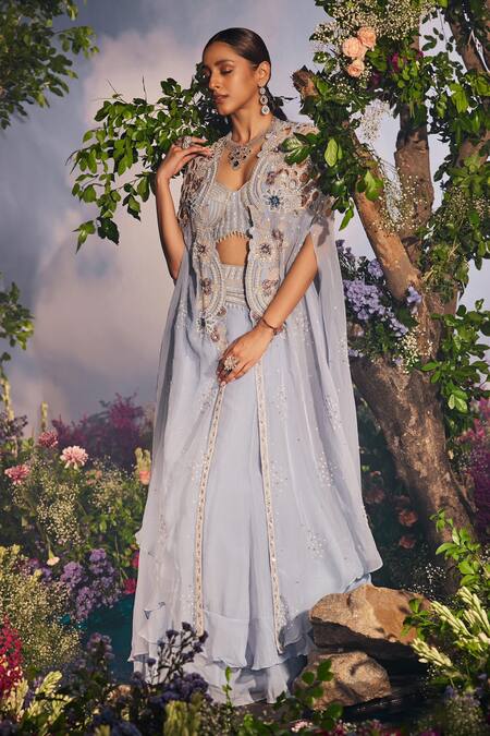 Shop Miku Kumar Blue Satin, Organza, Georgette Pearls, Shalvi Double Layer Lehenga Cape Set Online at Aza Fashions Shop_Miku Kumar_Blue Satin, Organza, Georgette Pearls, Shalvi Double Layer Lehenga Cape Set _Online_at_Aza_Fashions