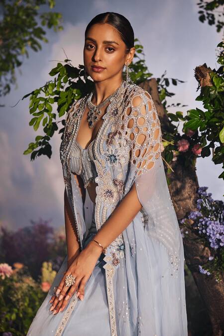 Miku Kumar Blue Satin, Organza, Georgette Pearls, Shalvi Double Layer Lehenga Cape Set at Aza Fashions Miku Kumar_Blue Satin, Organza, Georgette Pearls, Shalvi Double Layer Lehenga Cape Set _at_Aza_Fashions
